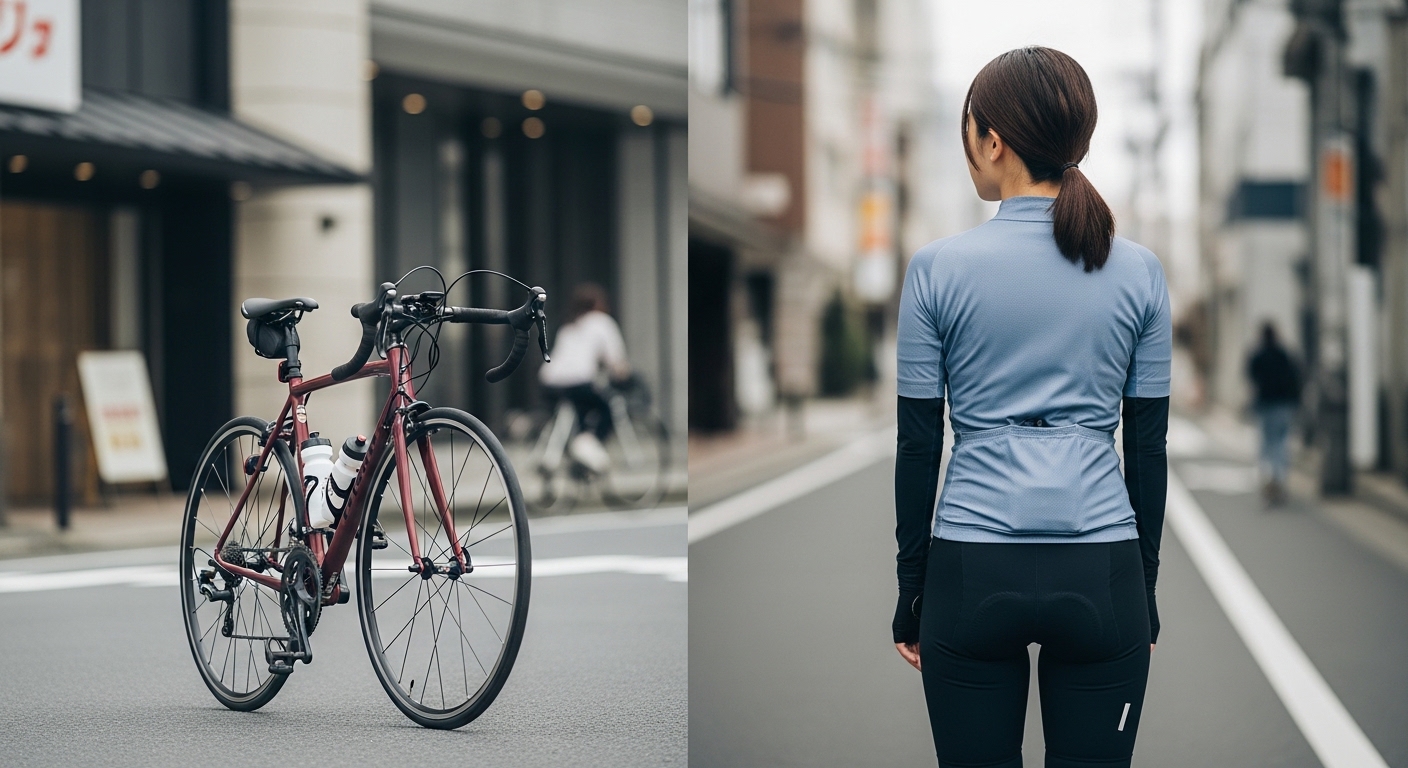 自転車でインカムやイヤホンを使うと違法になるのかを確認しつつ、周囲の音に注意を払う女性を表現したイメージ画像