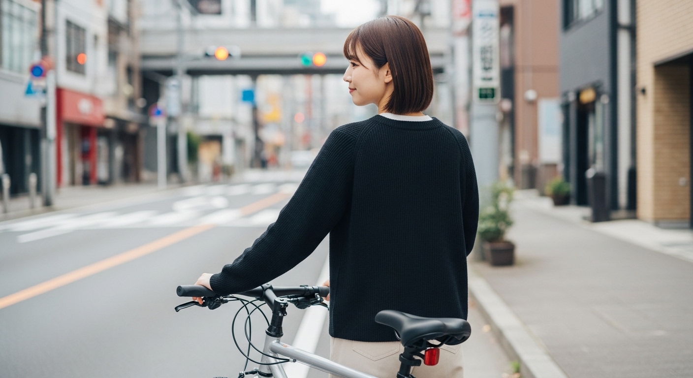 ガードレールのある歩道で周囲に配慮しながら、自転車を安全に走らせる女性の様子