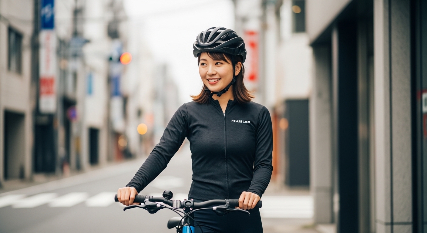 歩道橋を渡る日本人女性と自転車