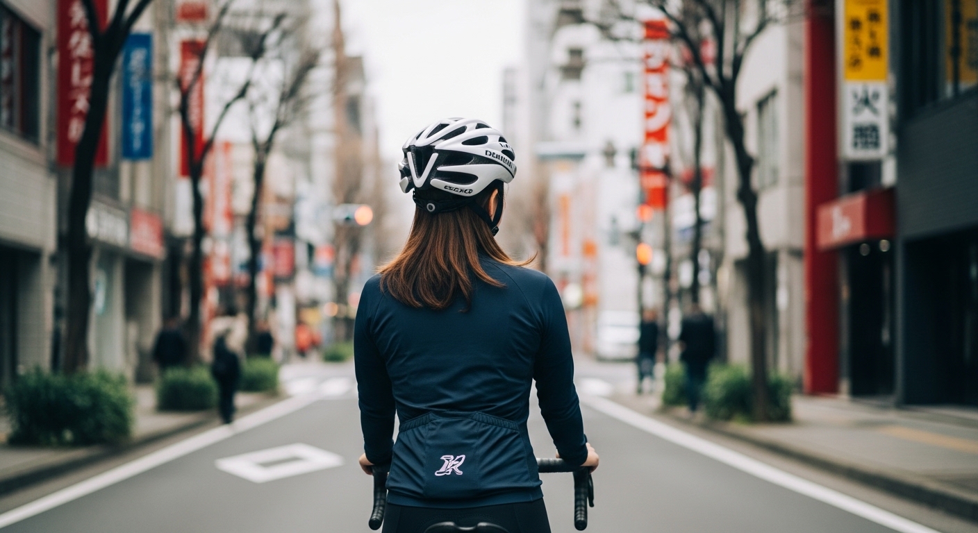 押しボタン式信号を自転車で渡るときに、女性が停止位置でボタンを押し安全を確かめている様子を表すイメージ画像