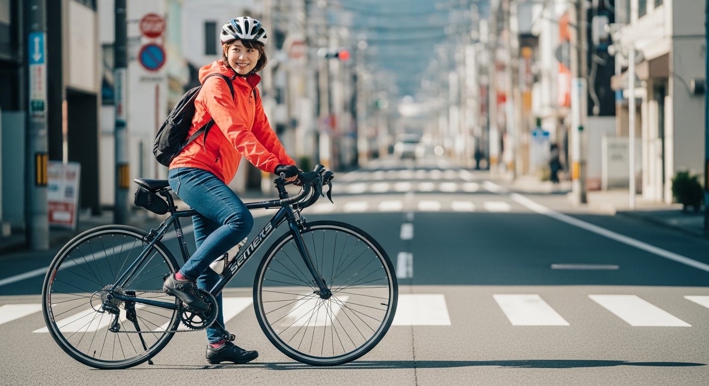 自転車の追い越し時に手信号を使いながら女性が安全走行しているイメージ画像