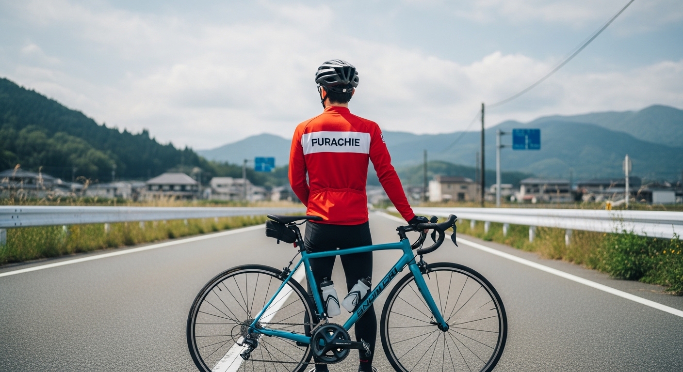 ビアンキのクロモリフレームをじっくり確認しながら、中古ロードバイク選びのポイントを比較する男性