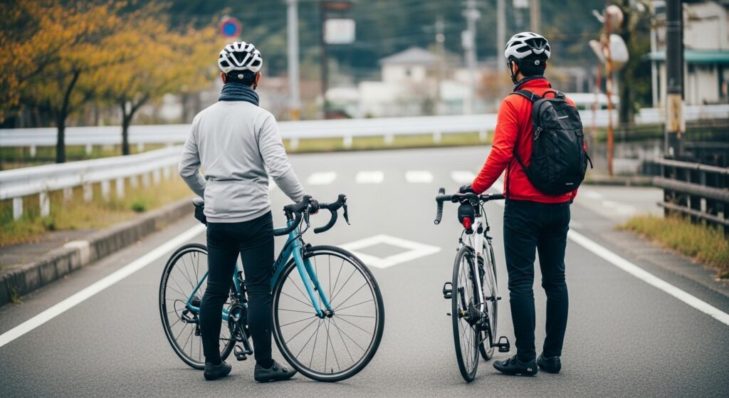SPDシューズで歩く日本人男性の足元