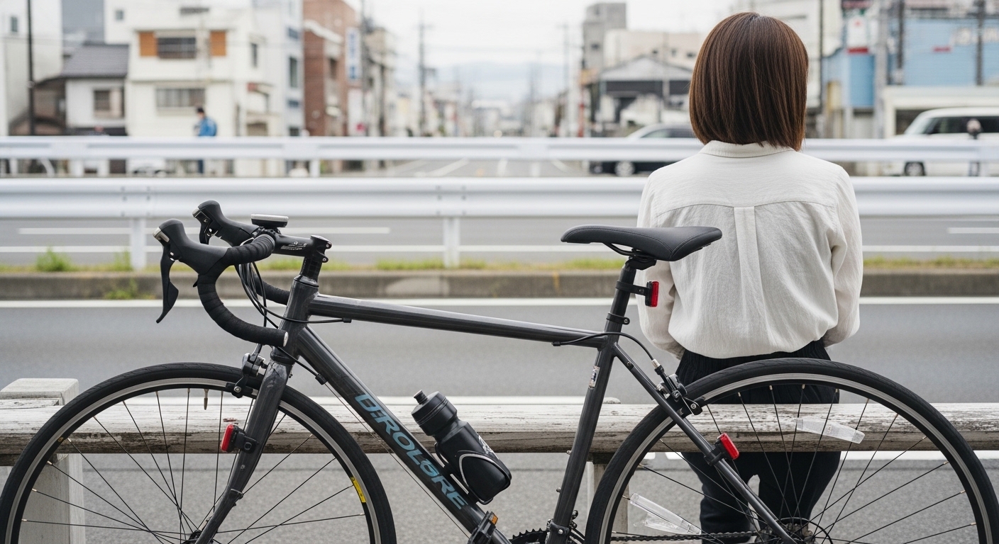 ロードバイク用チューブを手に取りながら、サイズや互換性を丁寧に確認して選ぶ女性の様子