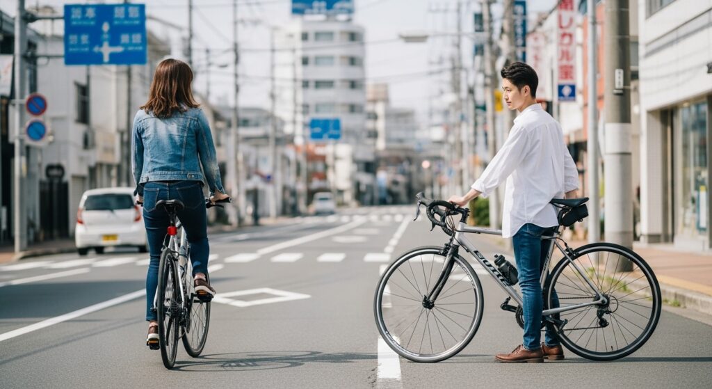ビアンキのクロモリフレーム自転車を細部まで確認しながら、中古選びの魅力と注意点を伝えるイメージ