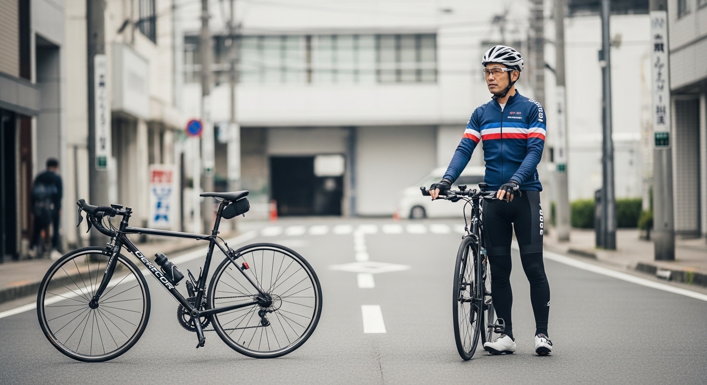 シマノSPD-SLのビンディングペダルを確認しながら、ロードバイク向けの選び方を比較する男性の姿