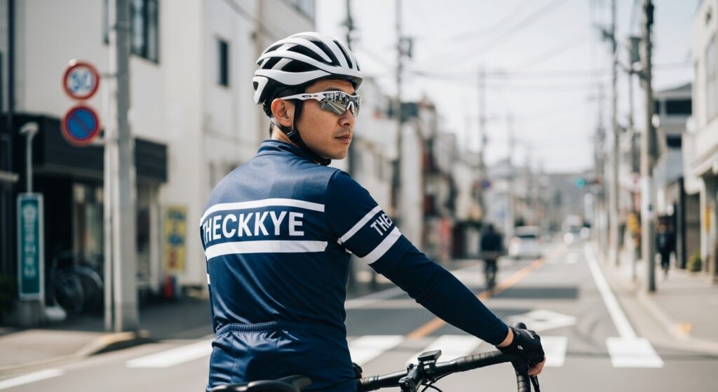 ウイグルを走る日本人女性のロードバイク姿