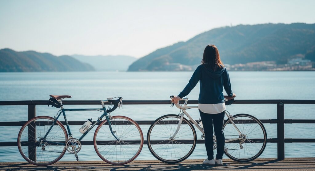 フランスの自転車メーカーを象徴するロードバイクが並び、歴史あるブランドの特徴を感じられるイメージ