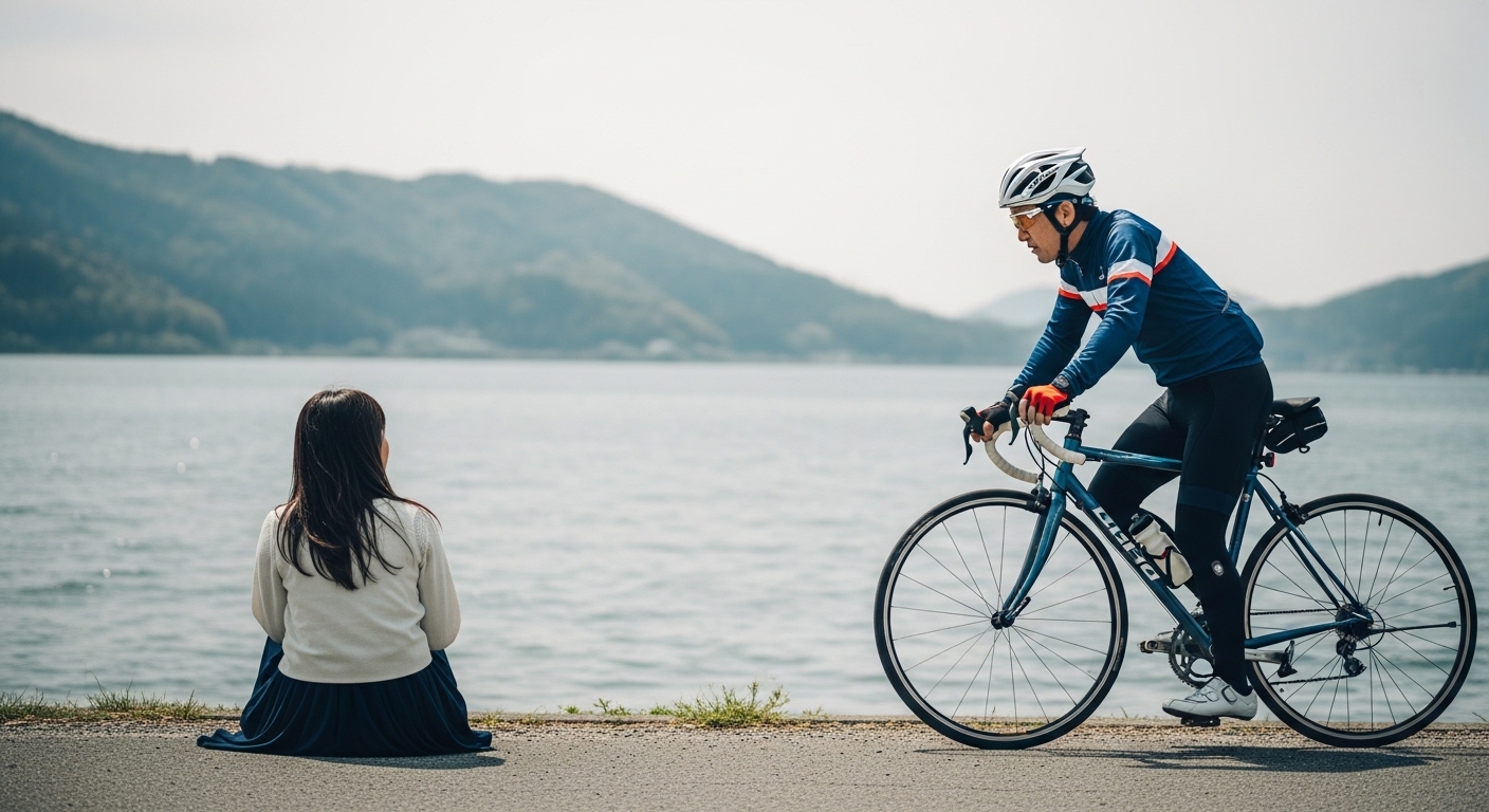 ウイグルを走る日本人女性のロードバイク姿
