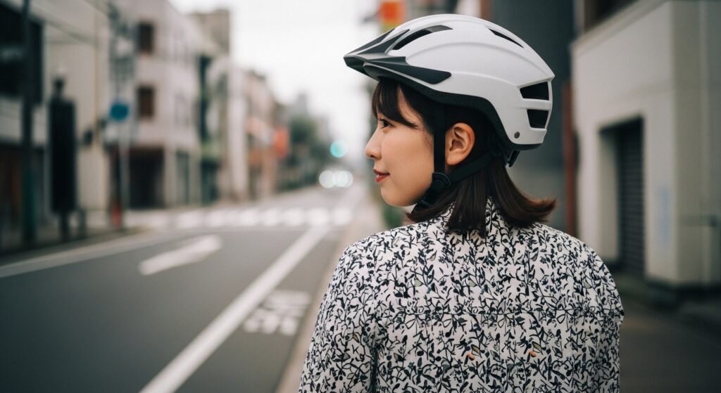 日本人女性が電動自転車のブレーキ確認