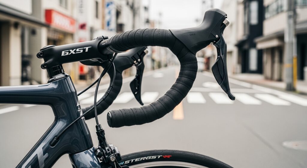 直前横断による危険な場面と、自転車利用者が安全確認を行う重要性を伝える交通イメージ