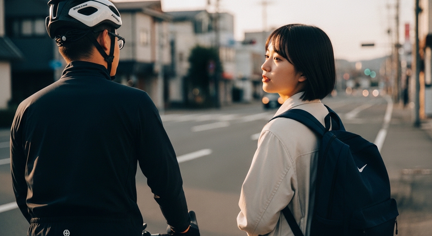 バス専用標識付近を走る日本人男性の自転車