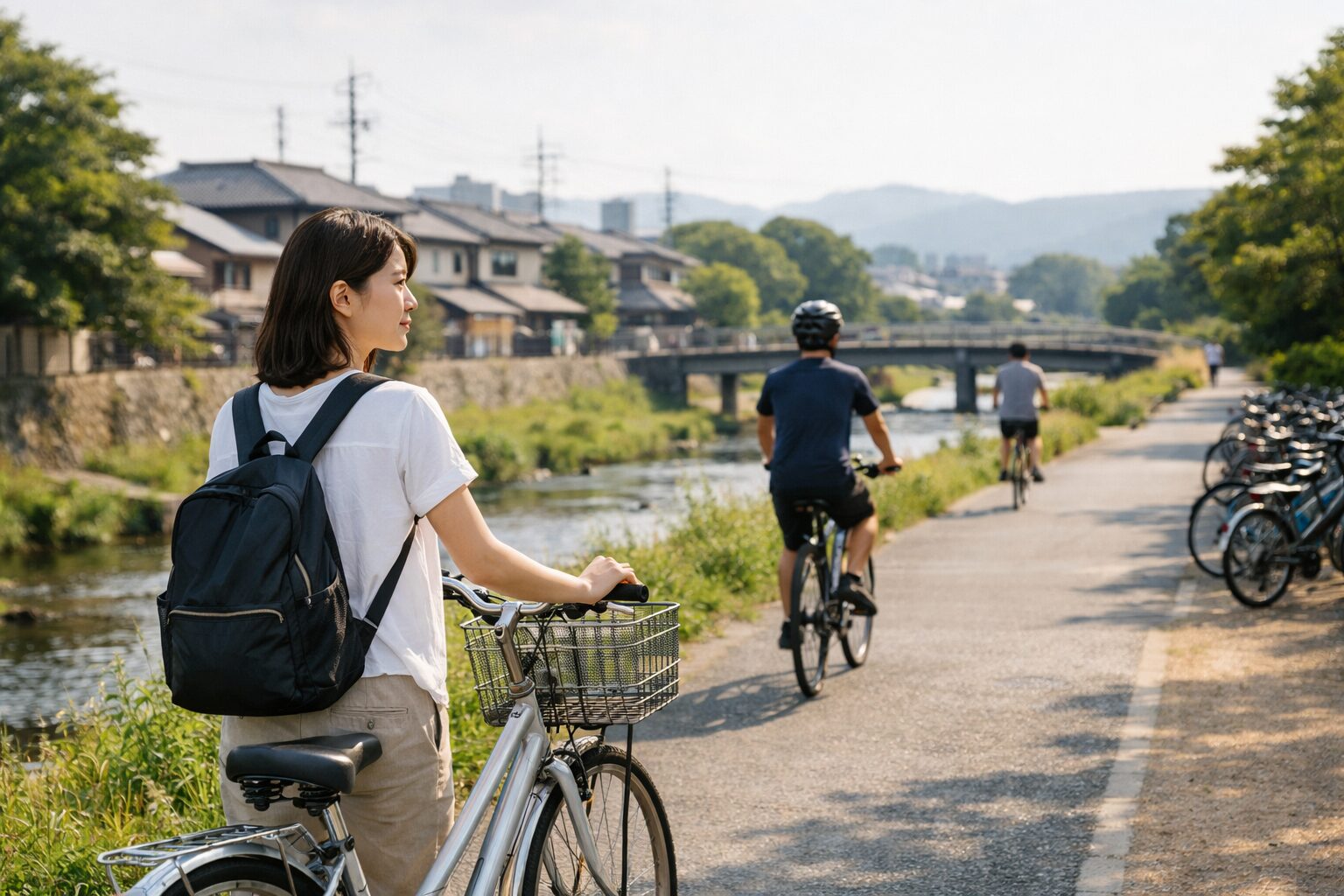 日本人女性の自転車に違法な補助ミラー