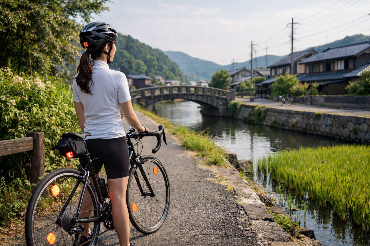 日本人女性のロードバイクに付いたリフレクター