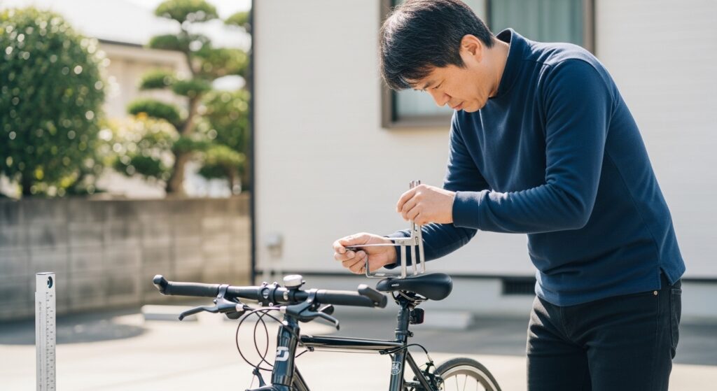 交差点以外で右折する日本人男性の自転車