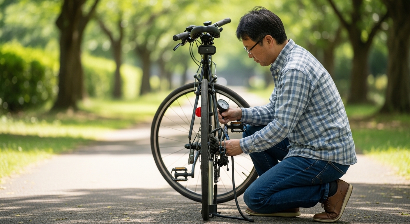 日本人男性がピナレロの高級ロードバイクを見る様子