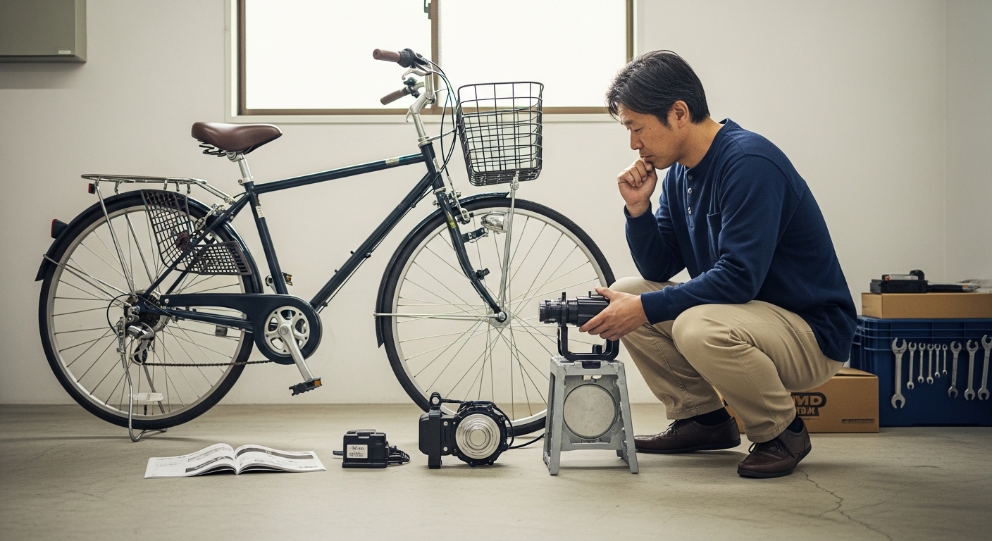 日本人男性が電動化キットを取り付け確認
