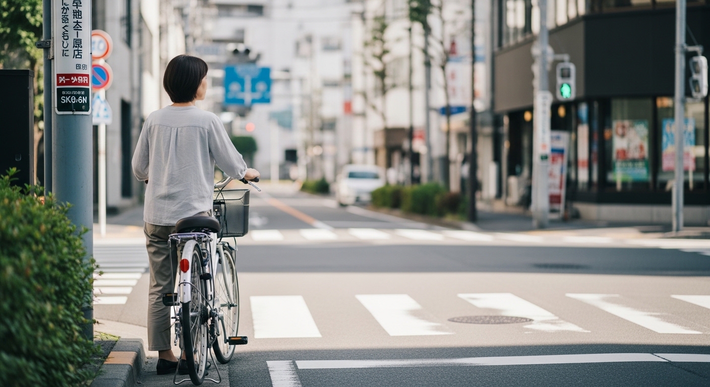 日本人女性が車両横断禁止標識を確認