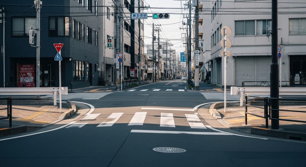 車両横断禁止標識と判断手順の図解