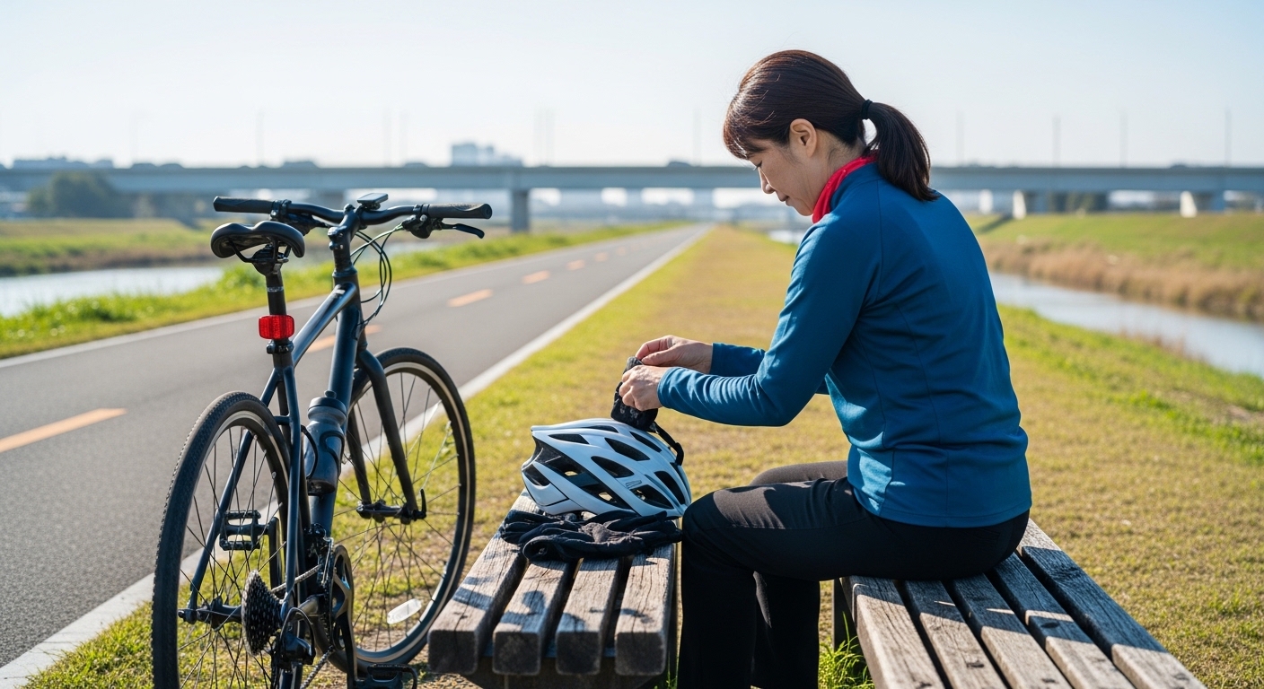 普通自転車の交差点進入禁止を確認する日本人女性