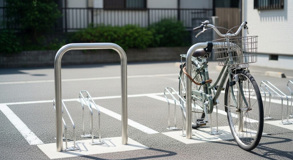 日本人男性が駐輪場で自転車の盗難対策を確認