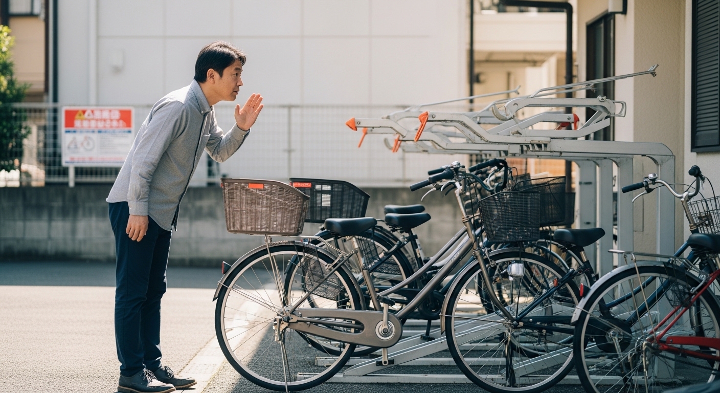 日本人男性が駐輪場で自転車の盗難対策を確認