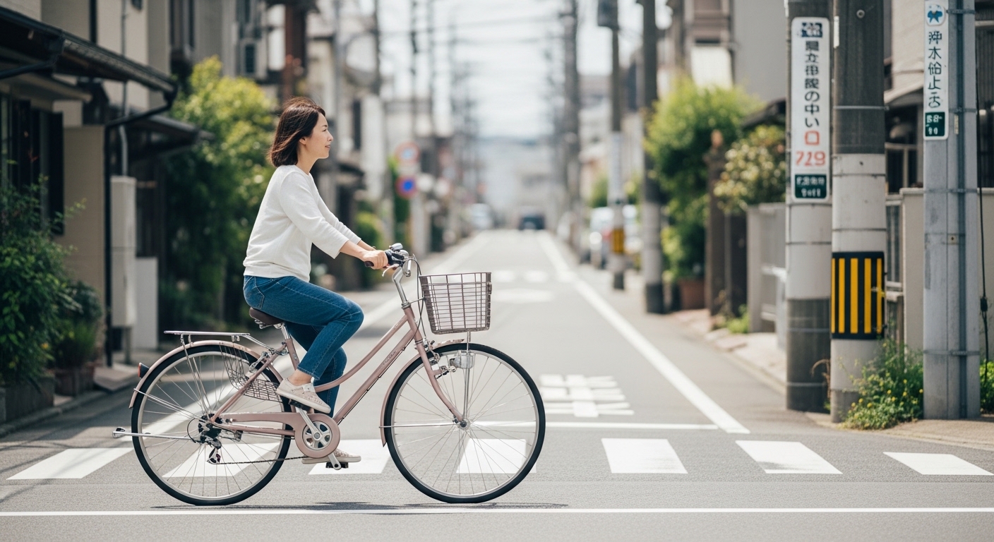 日本人女性がママチャリで走る日常風景