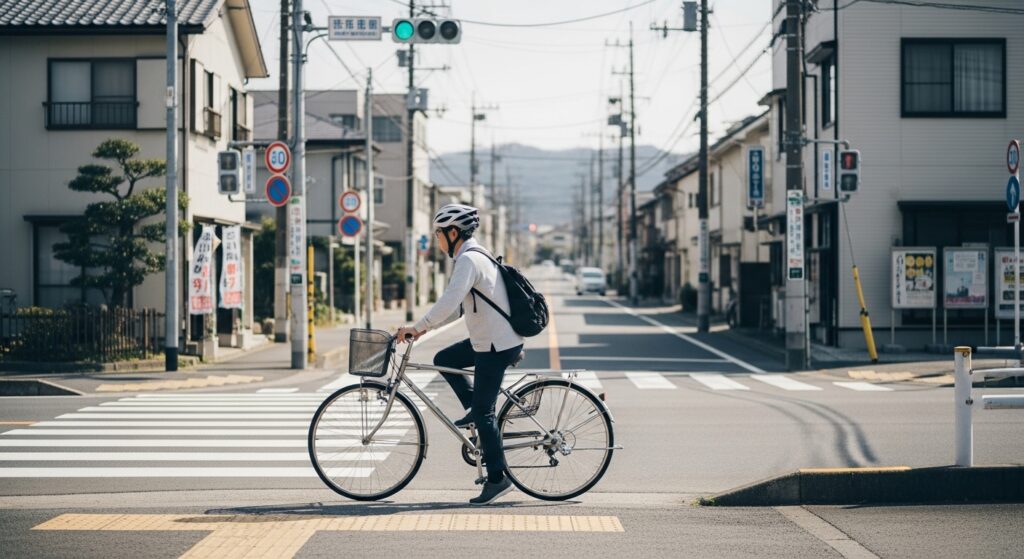 横断歩道を渡る日本人男性と自転車ルール
