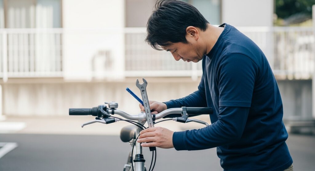 日本人男性がハンドル高さを調整する様子