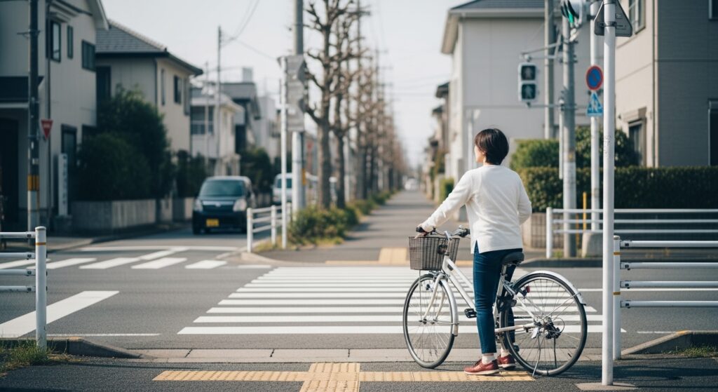 横断歩道で日本人女性が自転車追い越し注意