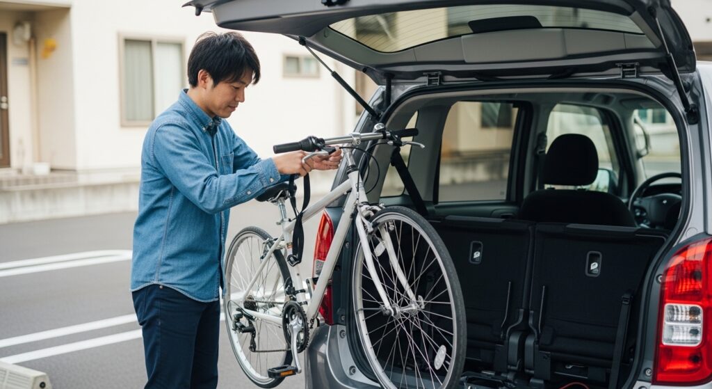 日本人男性が自転車を車に積み込む作業