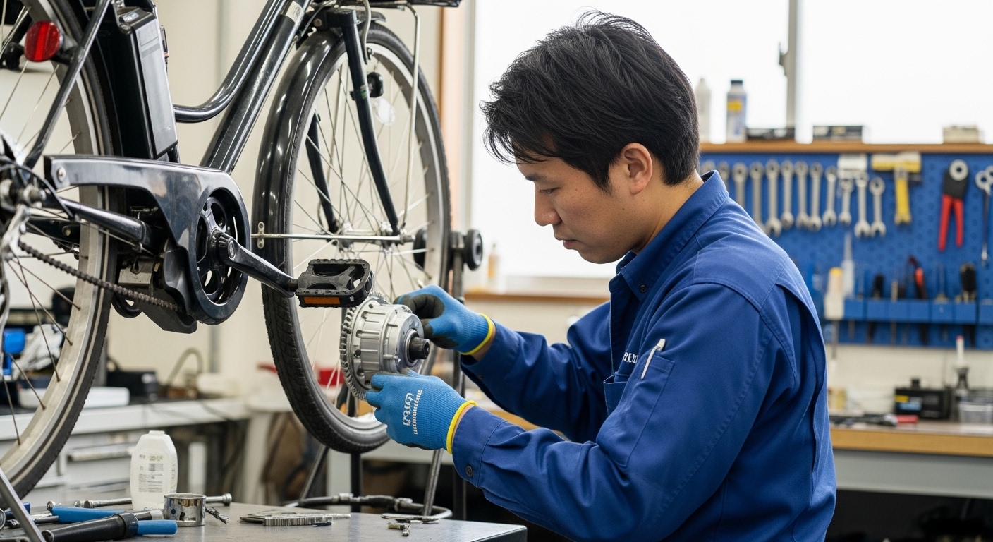 日本人男性が電動自転車の故障確認