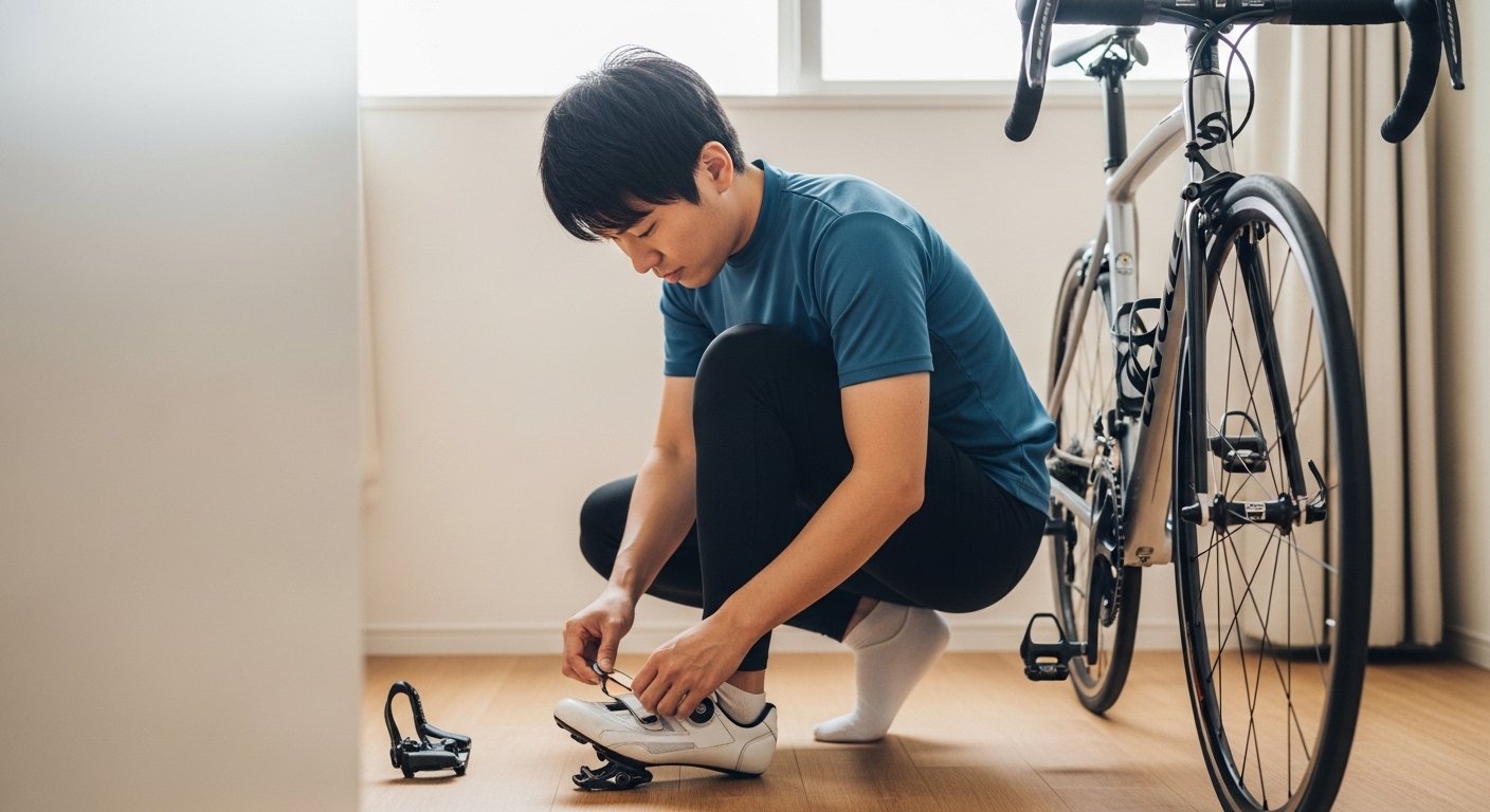 日本人男性がペダル互換性を確認する様子