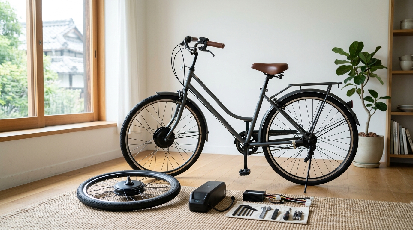 自転車の電動化を安く実現する方法に関連する電動化キットや部品が並ぶ作業環境を表したイメージ画像