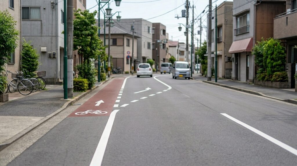 自転車の追い越し時の安全確認や手信号の重要性を表す都市道路のイメージ画像