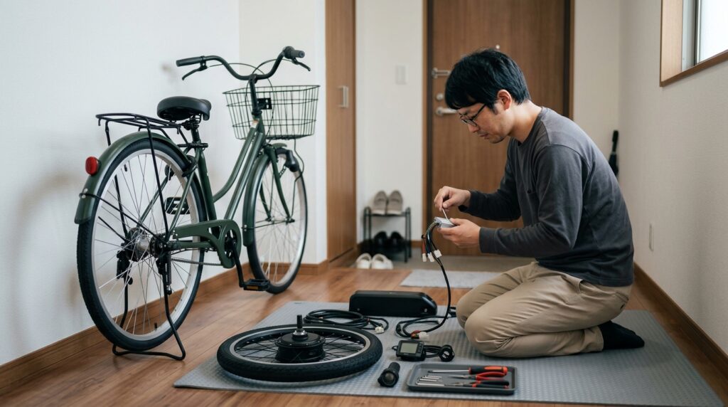 電動化キットや自転車の状態を確認しながら導入を検討する様子を表すイメージ画像