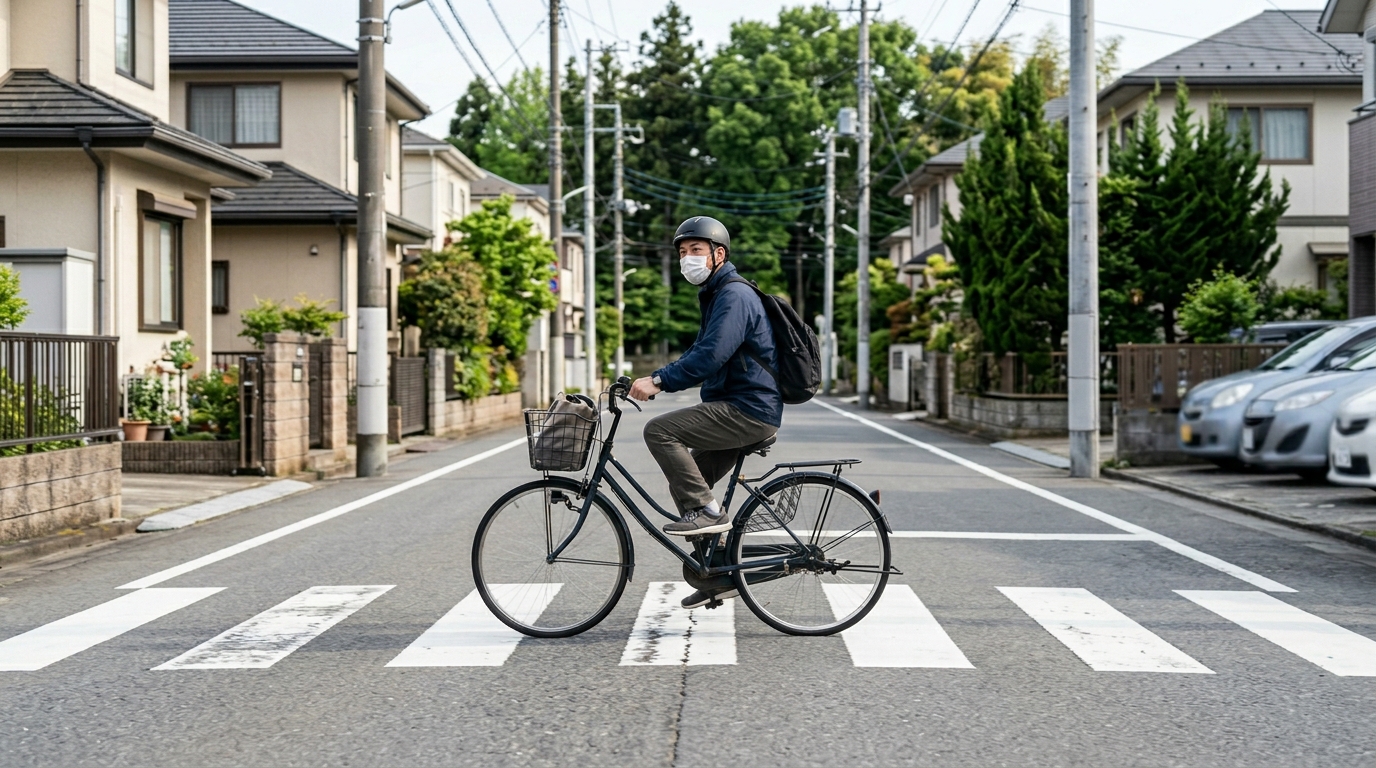 横断歩道で徐行する日本人男性