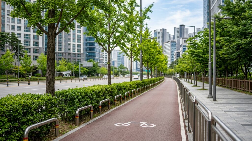 韓国の自転車レーンと道路環境を背景に、安全な走行やインフラの特徴を表すイメージ画像