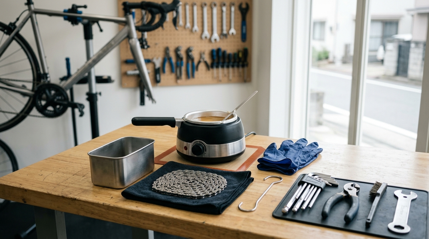 自転車チェーンのホットワックス やり方に欠かせないチェーンや清掃用品、脱脂作業の準備を表すイメージ画像