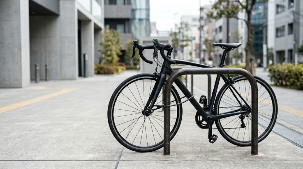 日本の自転車駐輪スペースをイメージした、ロードバイク駐輪場の利用環境や停め方を表すイメージ画像