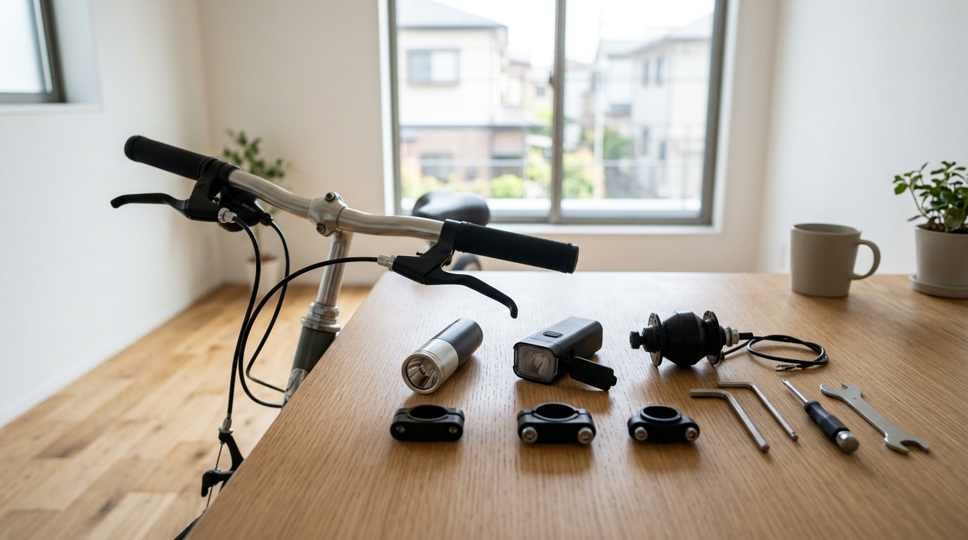 自転車ライト交換を自分でする方法に関連するライトや工具が並べられたメンテナンス環境を表すイメージ画像