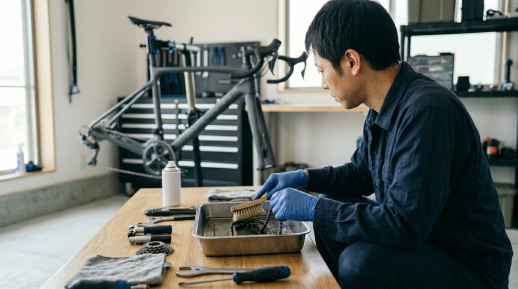 自転車チェーンを丁寧に洗浄・脱脂し、ホットワックス施工前のメンテナンス作業を表すイメージ画像