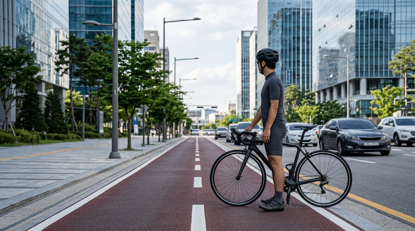 韓国で自転車に乗る前に知りたいこととして、男性サイクリストが整備された自転車レーンを走行する様子を表すイメージ画像