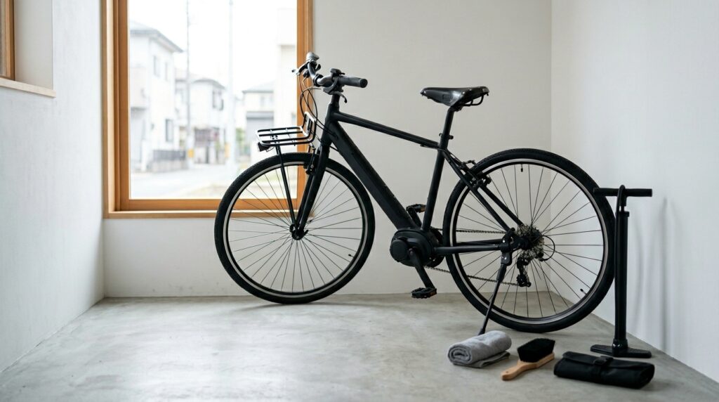 屋内に駐輪された電動アシスト自転車とメンテナンス環境を表すイメージ画像