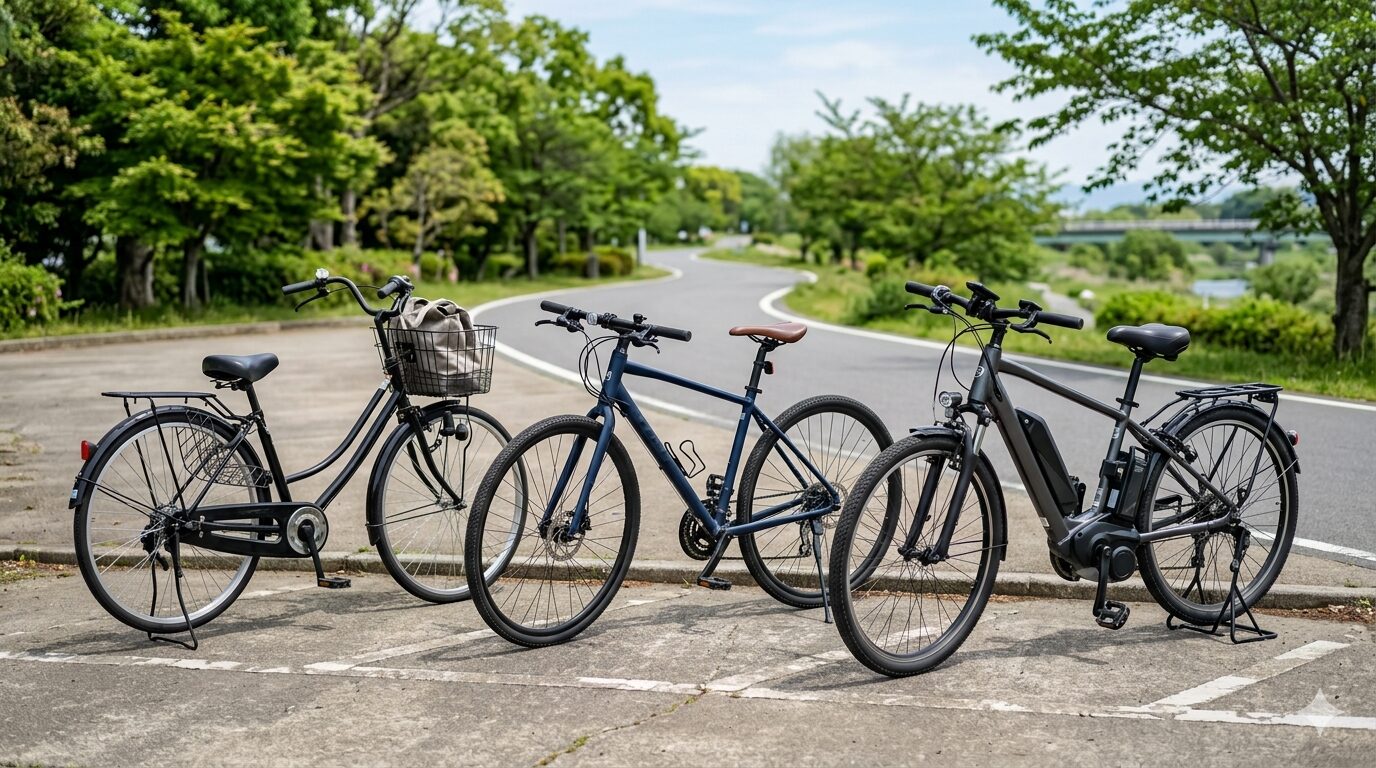 通勤向け自転車で走る男性を表すイメージ画像