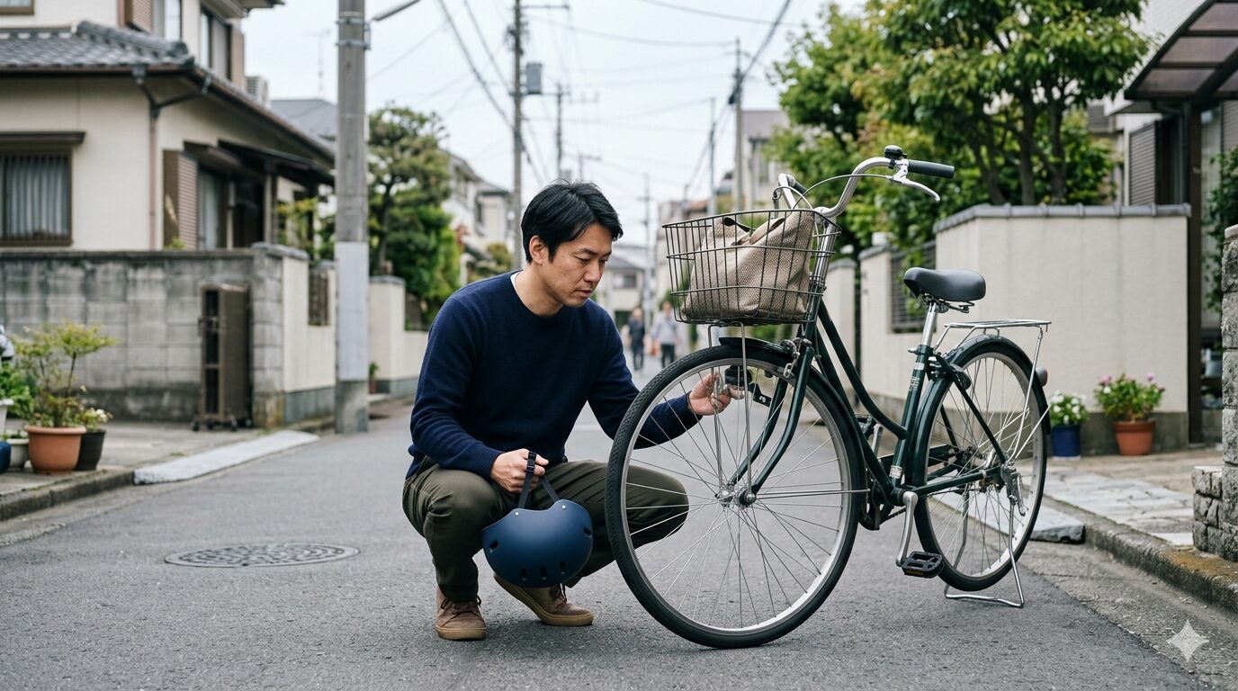自転車の安全点検と対策をしている男性を表すイメージ画像