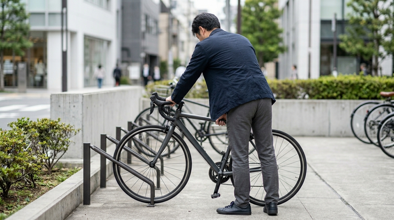 ロードバイク駐輪場の選び方と停め方を意識しながら、男性サイクリストが駐輪スペースで愛車の置き方を確認している様子のイメージ画像