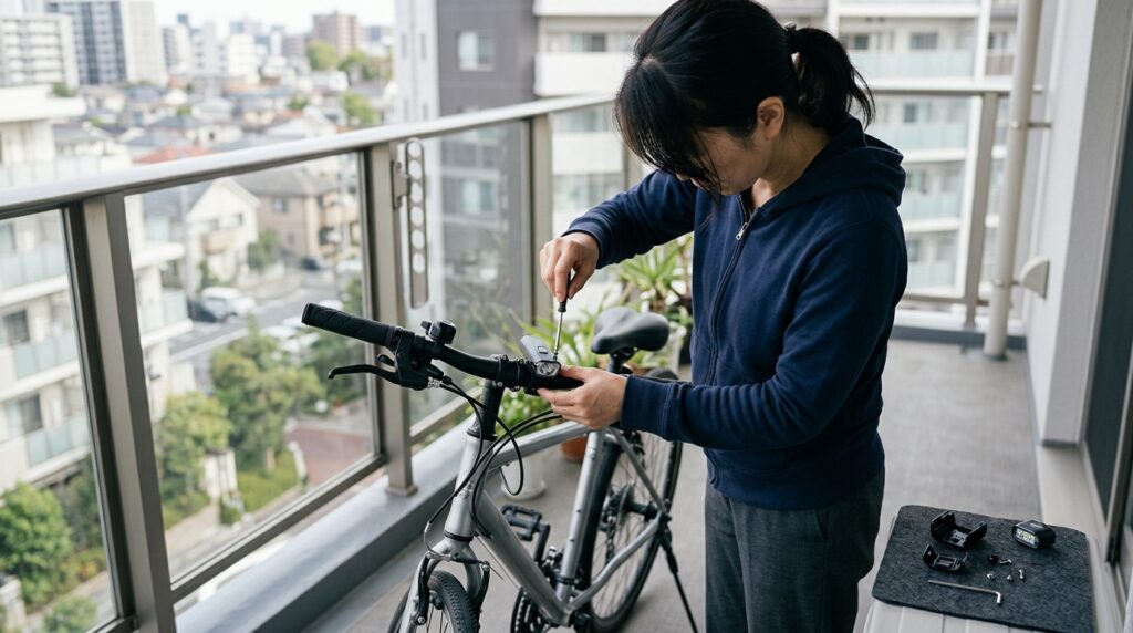 自転車のライト交換作業を行いながらメンテナンス方法を確認している様子を表すイメージ画像