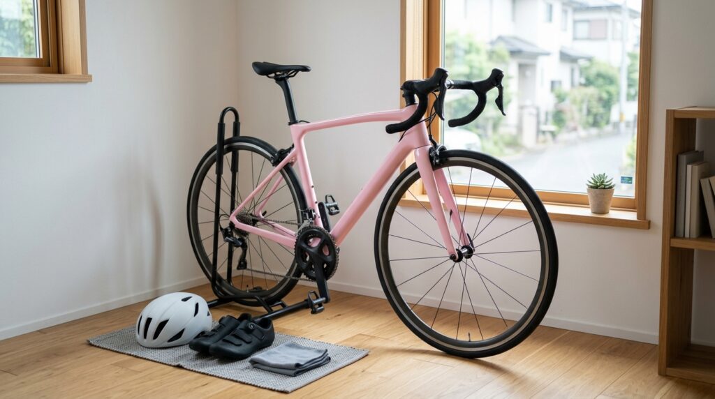 スタンドに設置されたピンクのロードバイクと色選びや保管方法のポイントを表すイメージ画像