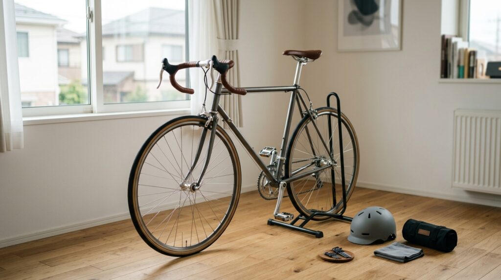 室内スタンドに設置されたロードバイクとクロモリフレームの魅力を表すイメージ画像